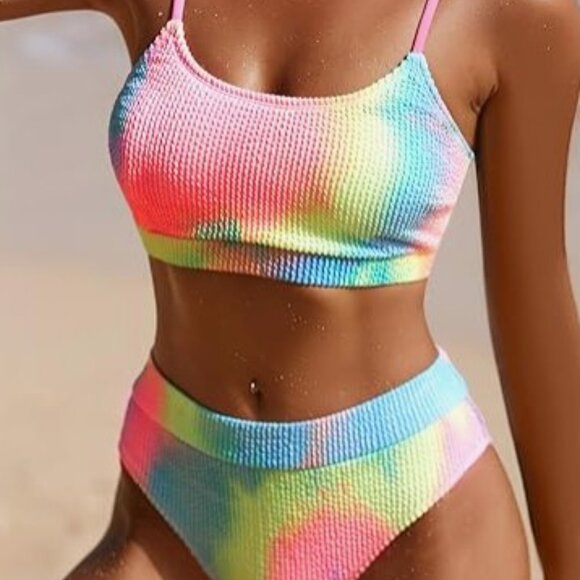 CUPSHE Brand Women's Medium NWT Bikini Set High Waisted Candy Rainbow Swimsuit - Picture 3 of 5